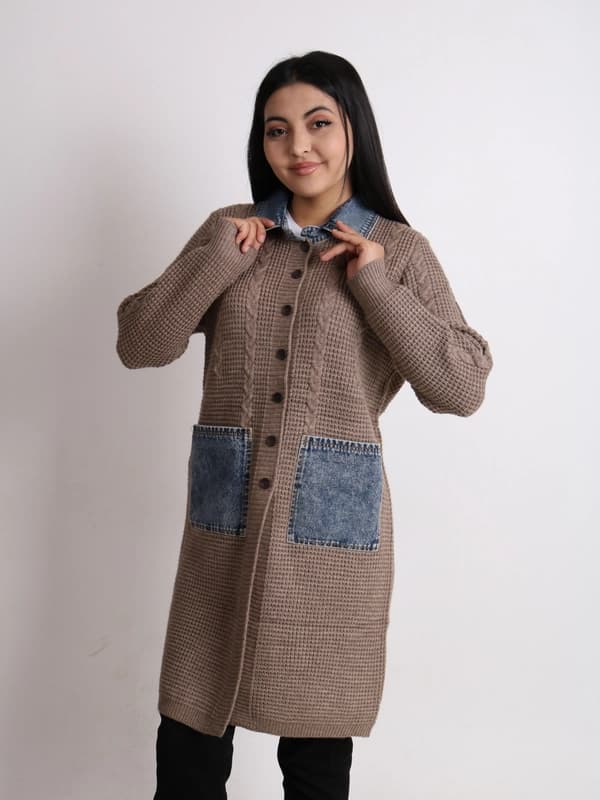 Кардиган женский, джинсовый воротник и карманы, на пуговицах, миди