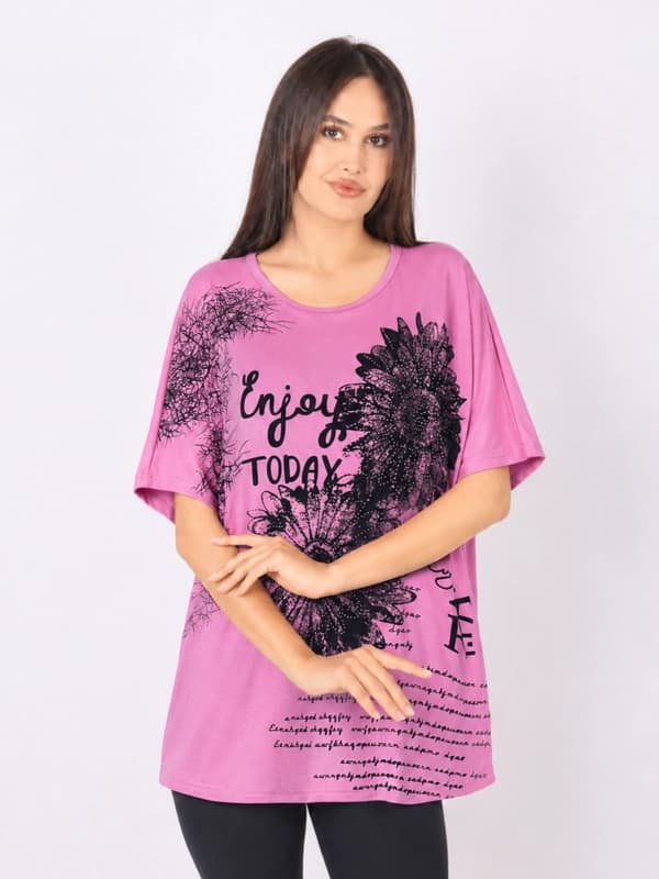 Футболка женская с цветочным принтом и стразами, свободный крой, трикотажная модель